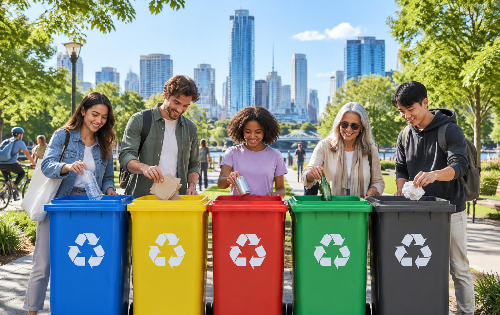Persone che differenziano plastica, carta, metallo, vetro e indifferenziato in un parco urbano