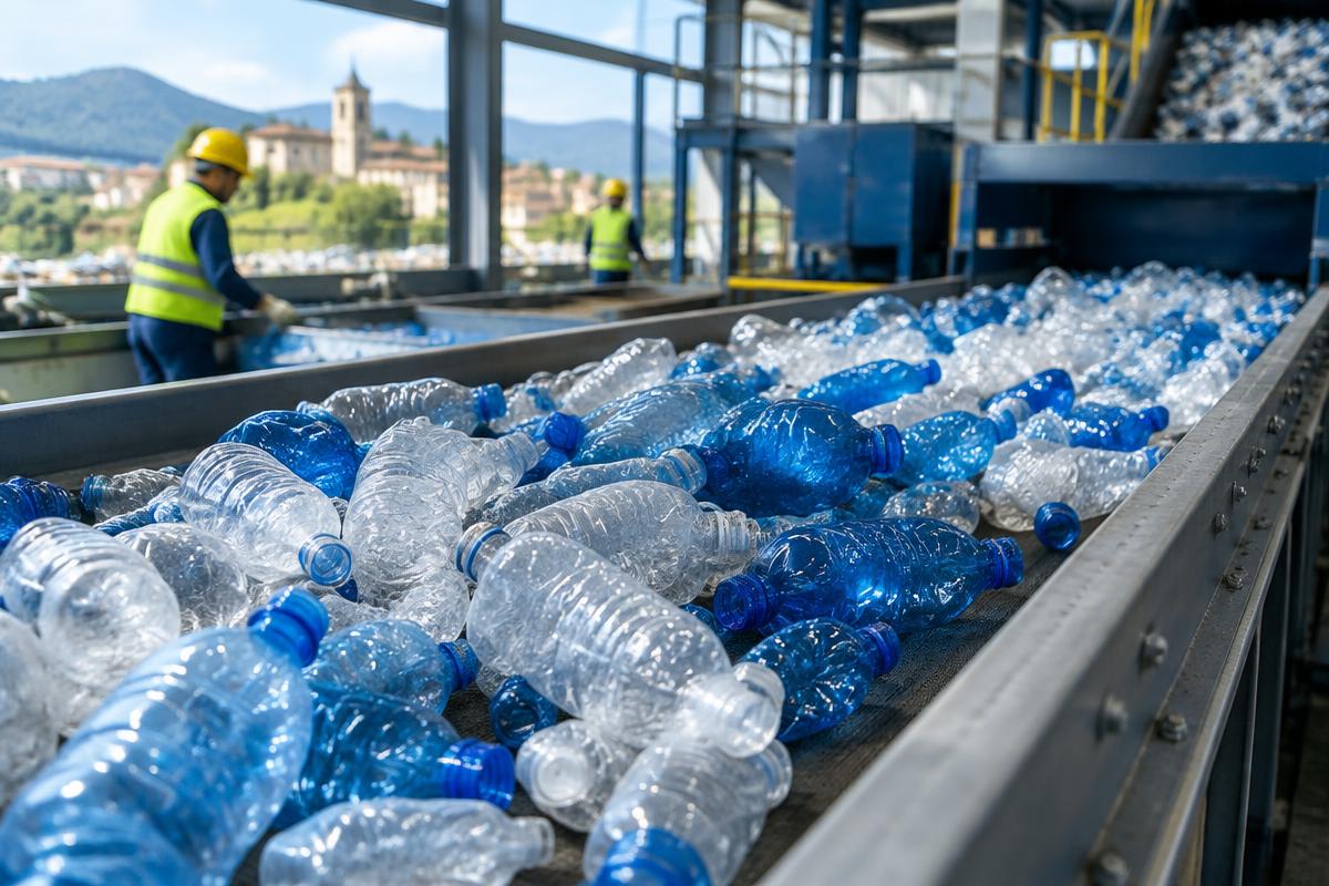Bottiglie di plastica selezionate in un impianto di riciclo